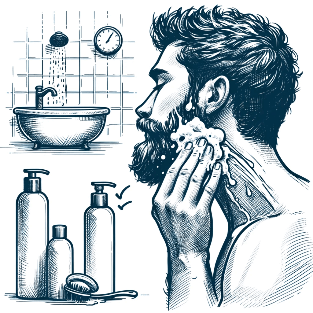 A sketched illustration showing the process of washing and conditioninga beard